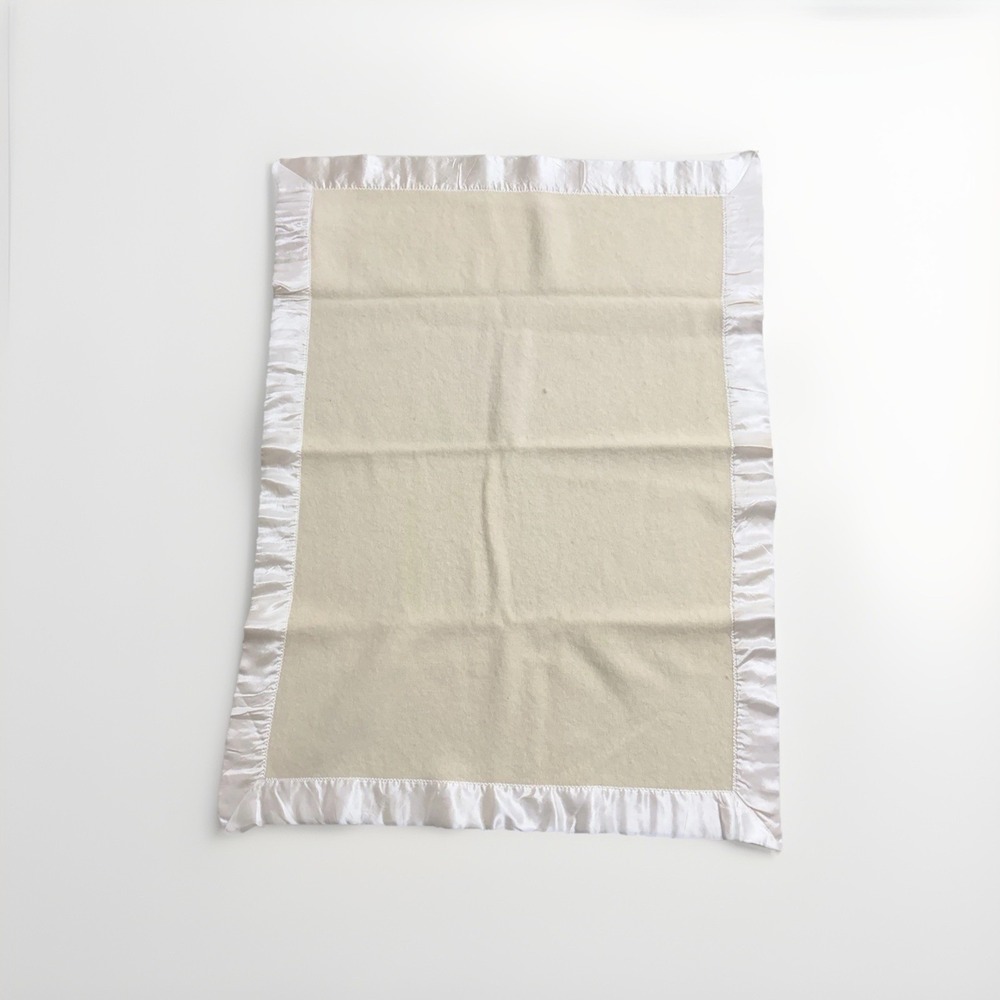 Vintage Faribo Wool Baby Blanket 35x45 Satin Trim Cream Ivory Woven USA
